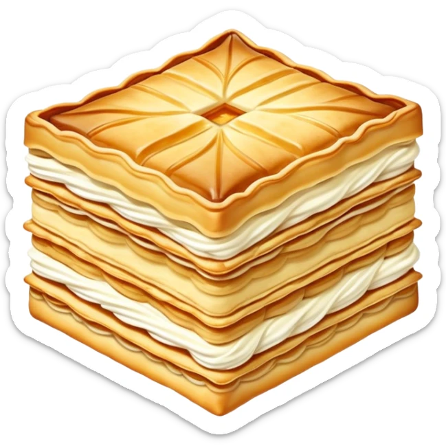 mille-feuille-cinematic-realistic-mille-feuille-dessert-emoji,-depicted-as-a-rectangular delicate-pastry-composed-of-two-crisp-layers-of-puff-pastry-with-a-rich-cream-filling,-rendered-with-intricate-textures-and-elegant,-soft-lighting. Please only show two layers only. sticker
