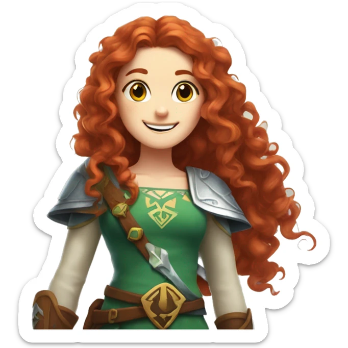 a white girl with long red curly hair and freckles, cosplaying Zelda posing and smiling sticker