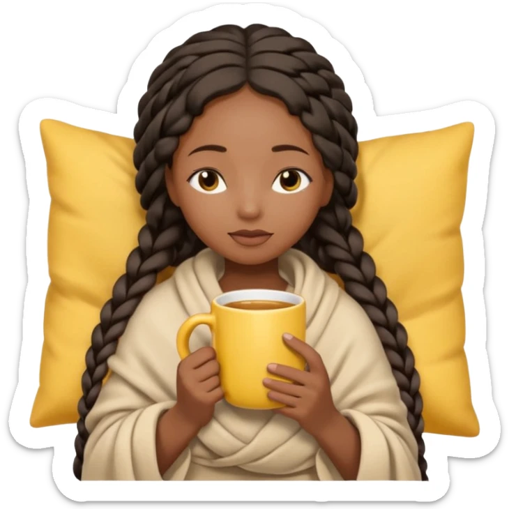 black girl with long braids, light bow in hair, wrapped in light beige blanket, eyes closed, holding a yellow mug, cozy cute emoji style sticker