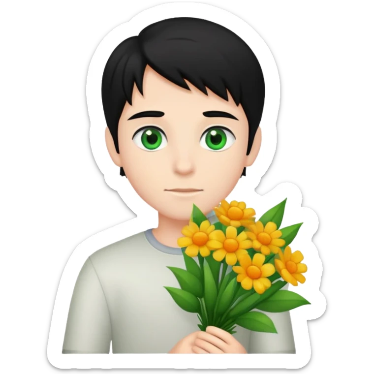 Boy with fair skin and black hair and green eyes with bouquet of flowers  sticker