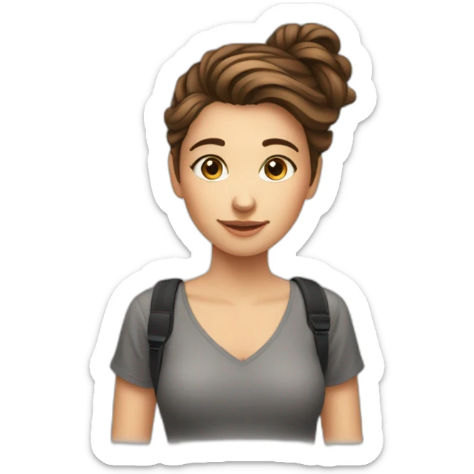 European Girl with brown hair up to shoulder, social media manager, with phone or laptop, camera sticker