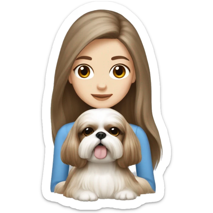 brown long hair pale skin girl with cream colored shih tzu  sticker