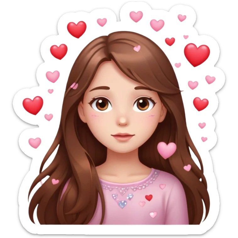 Girl with long brown hair blushing with sparkly eyes and little hearts floating around cartoon style delicate 🤩 sticker
