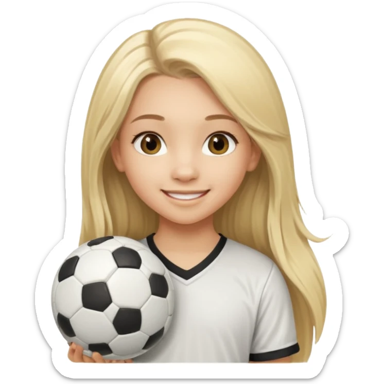 A girl with long light blonde hair with long eyelashes that looks around 13 years old with a soccer ball sticker