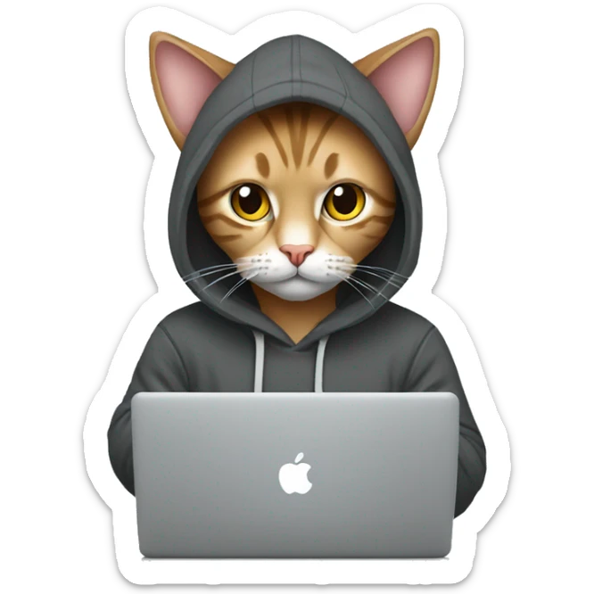 cat is a graphic designer in a hoodie and headphones, working at a computer in photoshop sticker