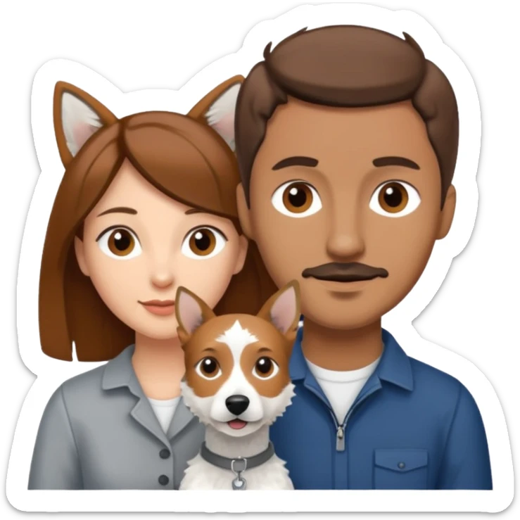 Quiero una pareja la mujer con el pelo castaño y el hombre con el color apenas moro hito con un perro Fox terrier blanco con gris  sticker