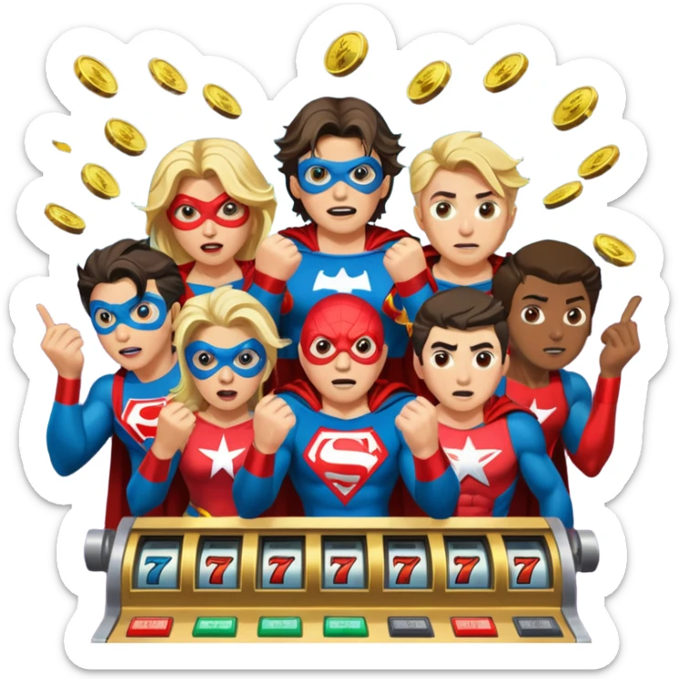 disheveled super heros losing money at a slot machine, panicked face, coins flying sticker