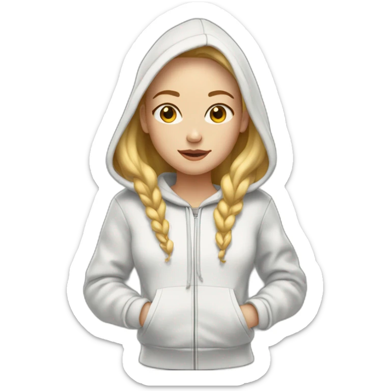 A blonde girl with smooth hair and a ray in the middle, she has light skin a few freckles, and she wear a hoodies  sticker