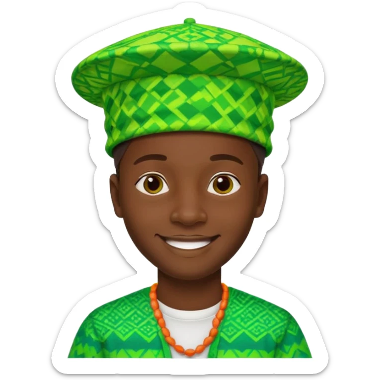 Create me an emoji of a cool Young Nigerian prince wearing a neon green gradient African patterns with "hula hat" (a Nigerian-inspired hat).  sticker