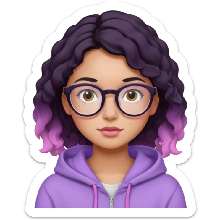 emoji of a woman, slighty tanned skin, cute freckles, pink cheeks, wavy black hair, big frame glasses and cute eyes, wearing a lilac hoodie  sticker