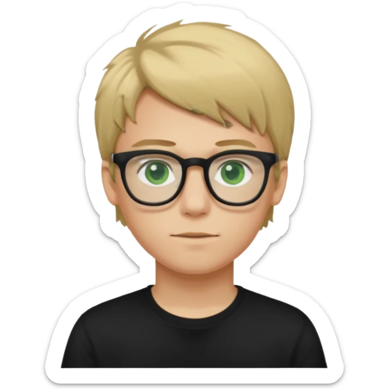 Generate me a profile picture like with a teenage boy who has dirty blond hair, green eyes, glasses and a black t-shirt sticker
