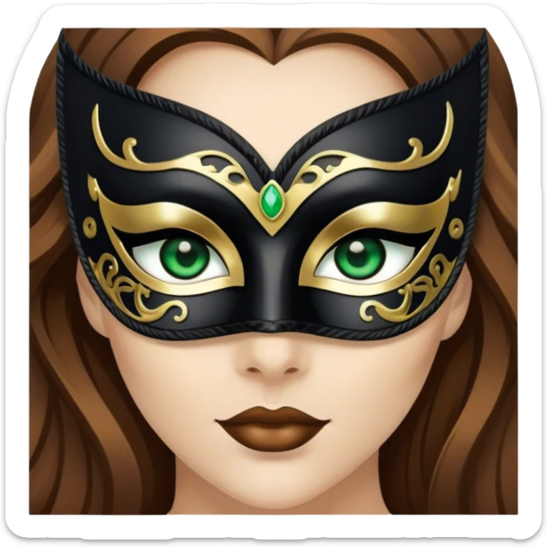 Greeneyed Woman with long brown hair wearing Black venetian mask sticker