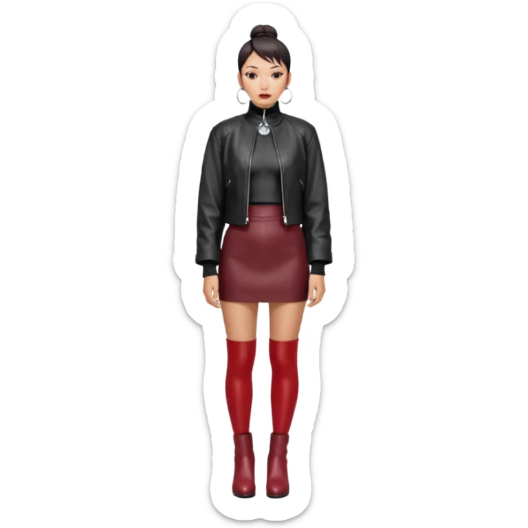 Full-body shot of an East Asian woman with a low sleek bun. Oversized black leather jacket that reaches the hips, black turtleneck, silver orb necklace. Red leather mini skirt, burgundy tights, and red long boots. Clean, fashion-editorial look. sticker