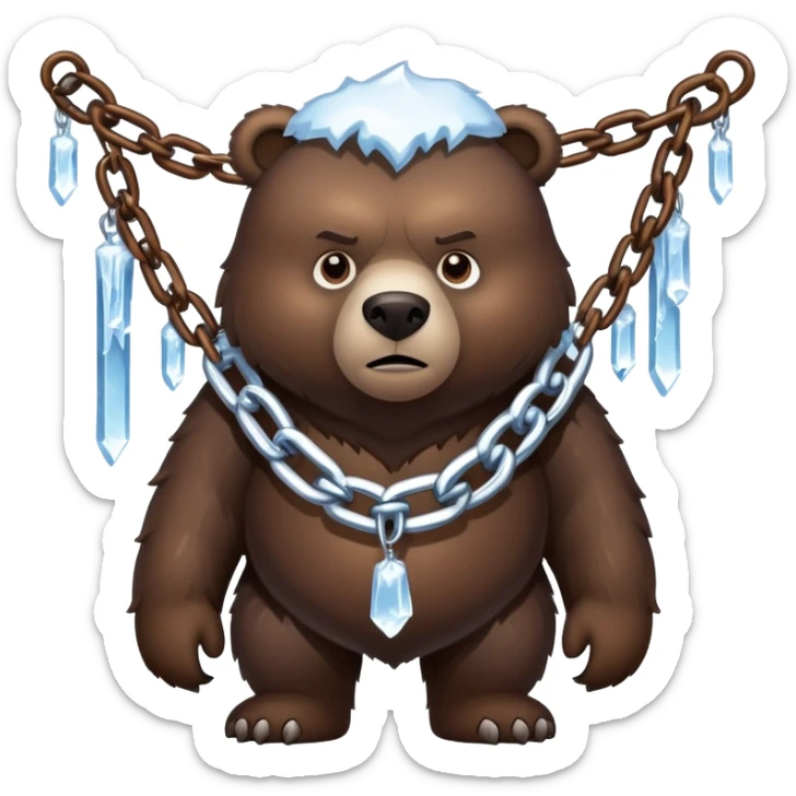 Intimidating dark brown bear on four legs with heavy ice chain around neck, frozen chain links with icicles, serious expression sticker