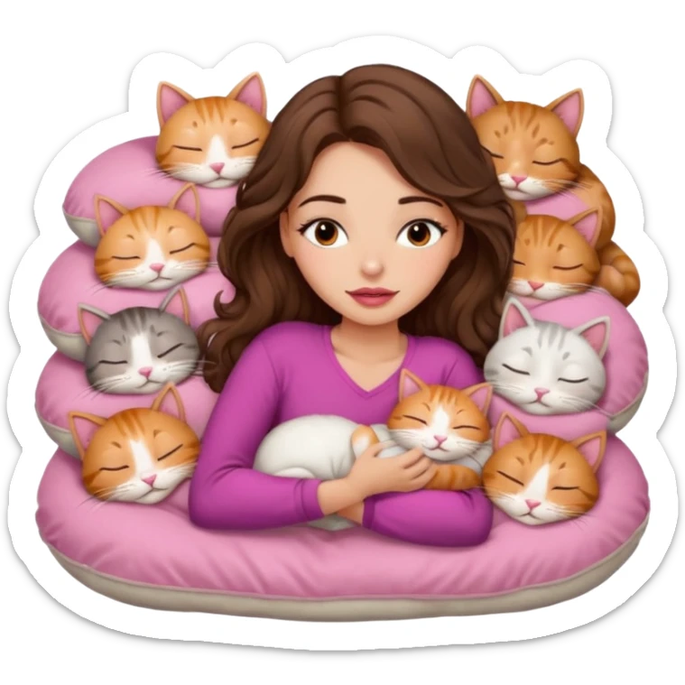 girl with long wavy brown hair, brown eyes, long lashes makeup, sexy pink lips, light to medium complexion,  sleeping on a cozy pillow, with 6 cats, sleeping sticker