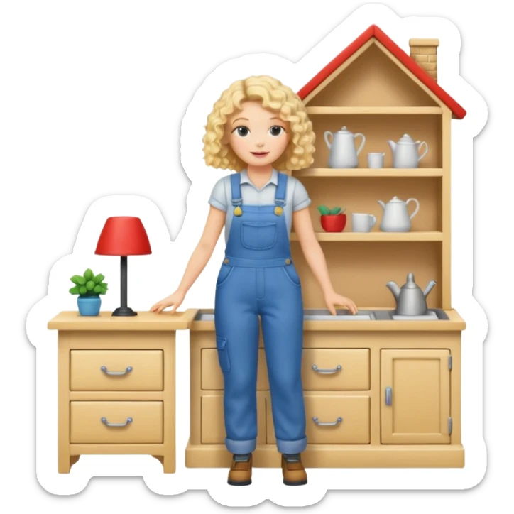 blonde curly woman arranging furniture in doll house with overalls sticker