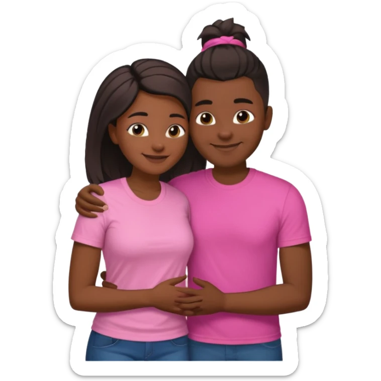 Black lesbian couple with one dark skin masculine with short hair low cut fade with a t shirt and one feminine with very long hair in a pink blouse hugging  sticker