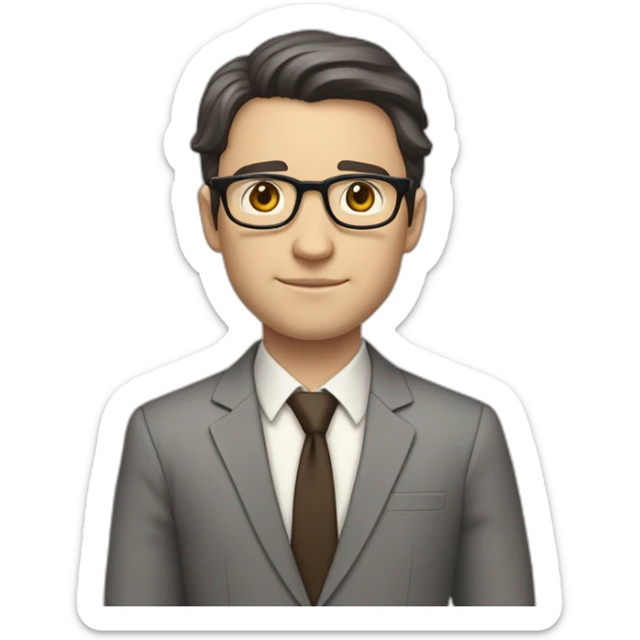Full height Pale skinned Fit Man With dark brown hair in classic gray suit, beige office shirt, dark gray tie, and vintage glasses. His right hand is directed up sticker
