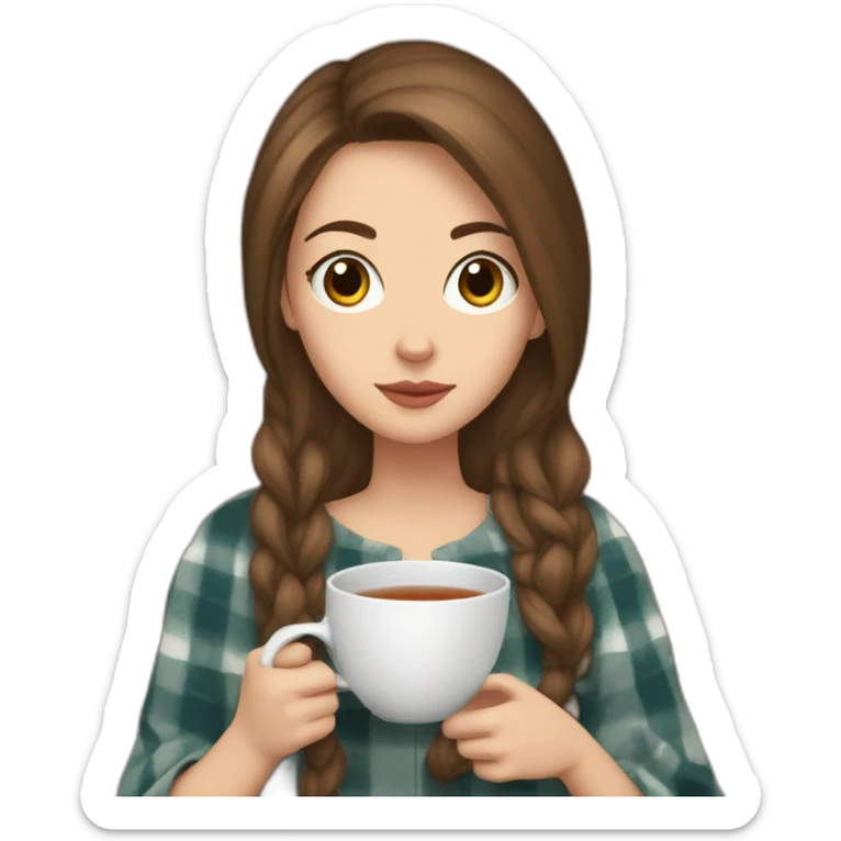 white girl with brown hair drinks tea wrapped in a plaid watching a TV series sticker
