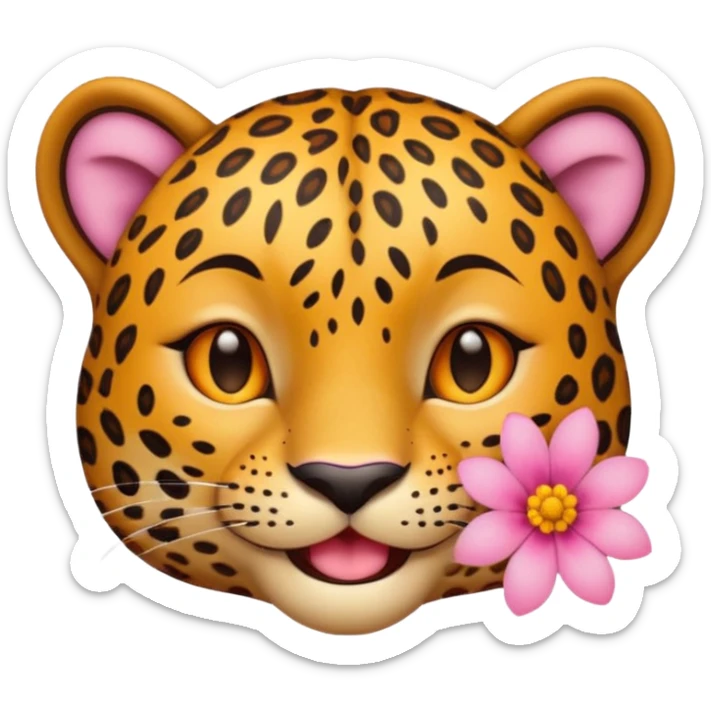 A leopard with smile and mouth closed, A pink flower with a yellow center is tucked behind its right ear
 sticker