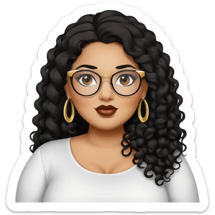 big plus size, darker tan skin, long black curly hair, baddie,pretty, makeup, lipliner, black eyeliner, long hair, gold earrings, white top, glasses sticker