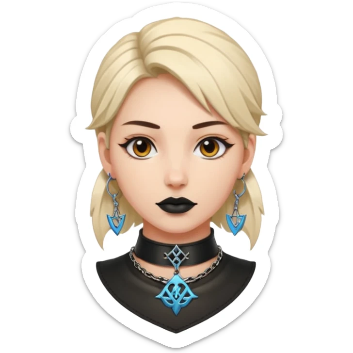 Leather choker with sigil around woman’s neck, pulse visible, dominance tone sticker