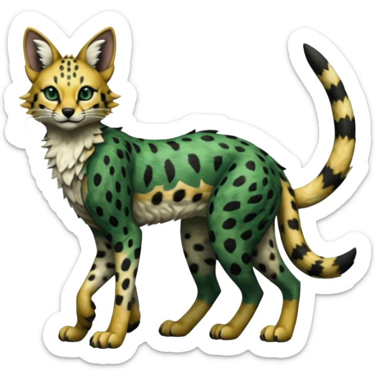 Epic complex detailed dark-hunter-green, black, realistic aesthetic-scenic-Fakémon-Sprigatito-Floragato-Meowscarada-Trico-Sergal-Serval-Vernid-creature (full body) sticker
