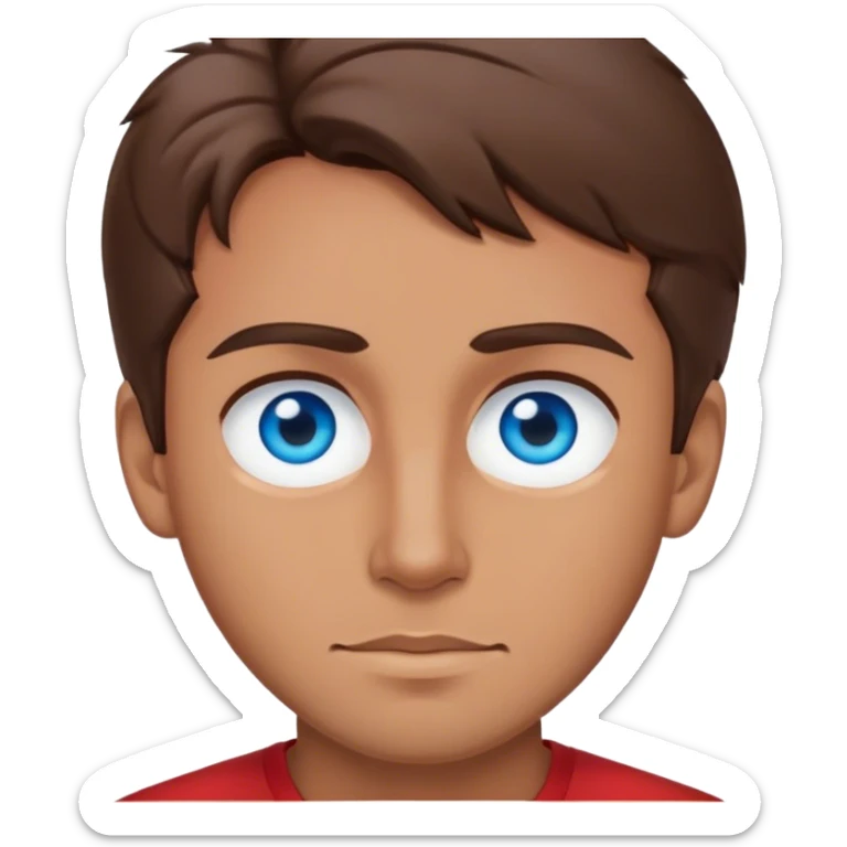 Man with blue eyes, brown hair, tan skin, red shirt sticker