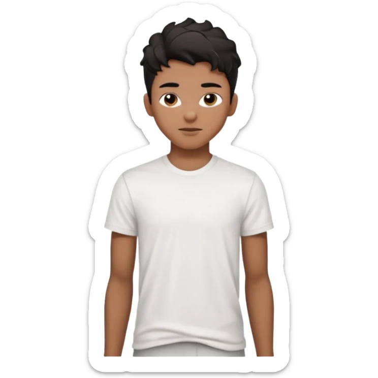 emoji of a sixteen-year-old with brown skin, wavy black hair in a taper fade hairstyle, handsome face, skinny body, wearing a white t-shirt sticker