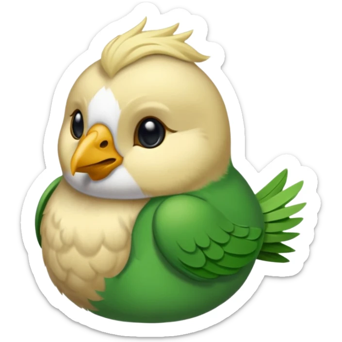 un oiseau classique de profil tout vert même sa tête  et un seul poil blond qui fait une petite bouclette sur le front avec le collier argenté avec des ronds attachés au collier est autour du coup de l’oiseau entre la tête et le corps sticker