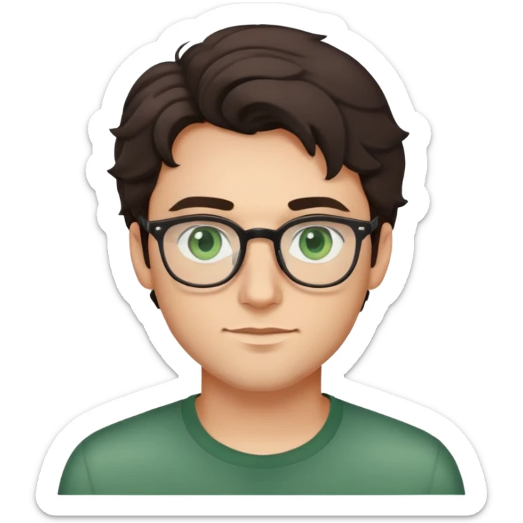 young man with dark slightly curled hair wearing glasses with green eyes and very light stubble, minimal facial hair sticker