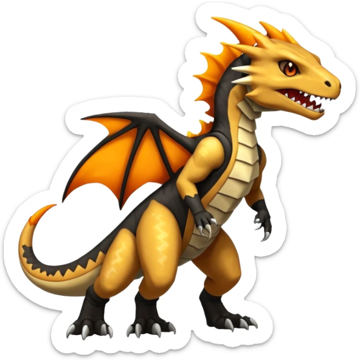 Magmatic fiery badass cool obsidian-Black and golden-orange Helioptile-Marowak-Charmeleon-Fakémon-hybrid-creature (full body)  sticker