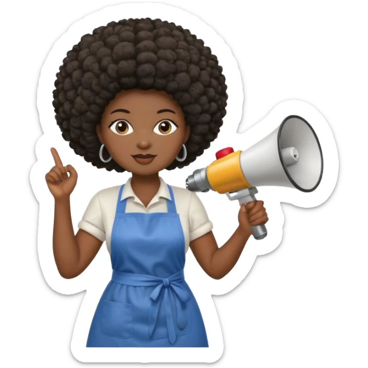 Mujer curvy afro, con vestimenta cómoda y delantal, y un megáfono en la mano sticker