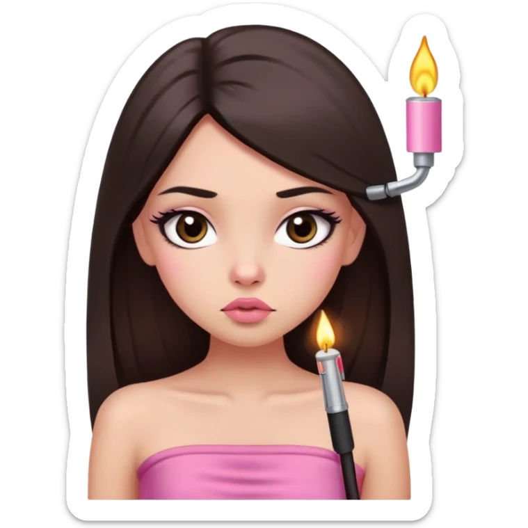 girl with lighter skin, dark brown long straight hair, pouty shiny lips without cupid's bow, large eyes, lighter button nose, long oval-shaped face, wearing a pink bandeau top with straight neckline sticker