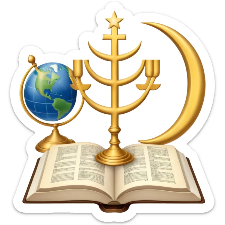 An icon featuring a Holy Bible, The Quran, Tara and the menorah, The Orthodox cross, a crescent moon, symbolizing the study of religions. The design includes diverse religious symbols and a globe, representing global beliefs and spiritual practices. Transparent background. sticker
