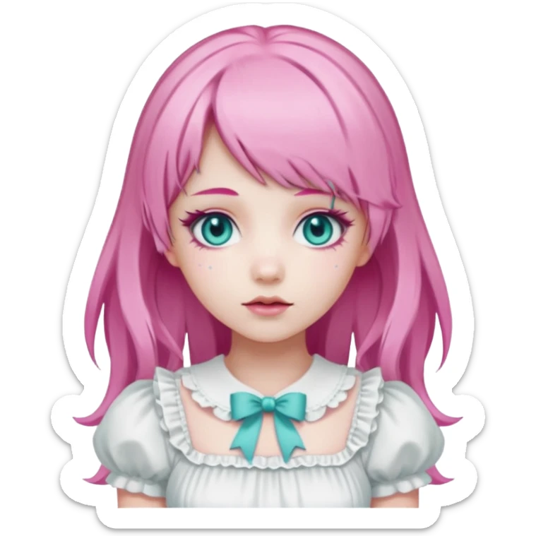 sweet lolita with pink hair, teal eyes, white skin, wearing a white dress sticker