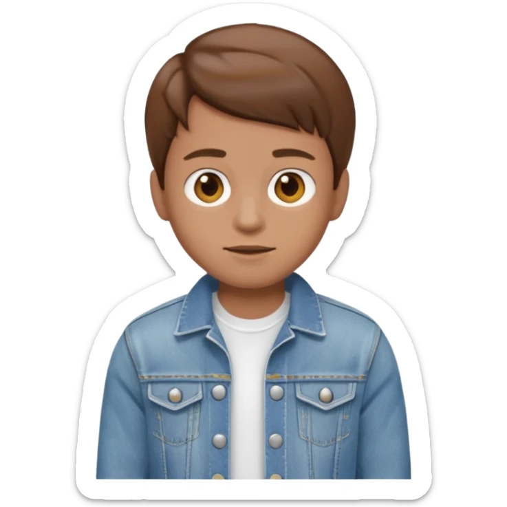 Create me an Ai emoji boy with brown hair, brown eyes, light brown skin wearing a white t-shirt and denim jacket sticker