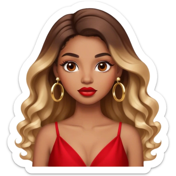 light brown skin tone, very beautiful woman, with big plump lips, long long lashes, ombre wavy long hair, brown eyes, red dress, gold hoop earrings sticker