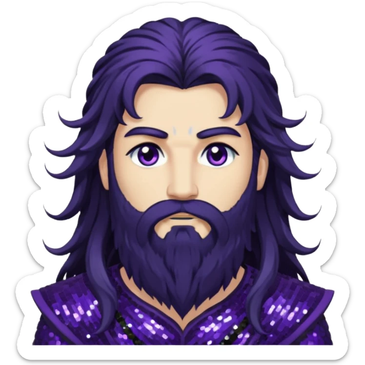 Boreas, God of North Wind from Gods and Goddesses with long black shaggy hair and beard, dark purple sequin outfit sticker