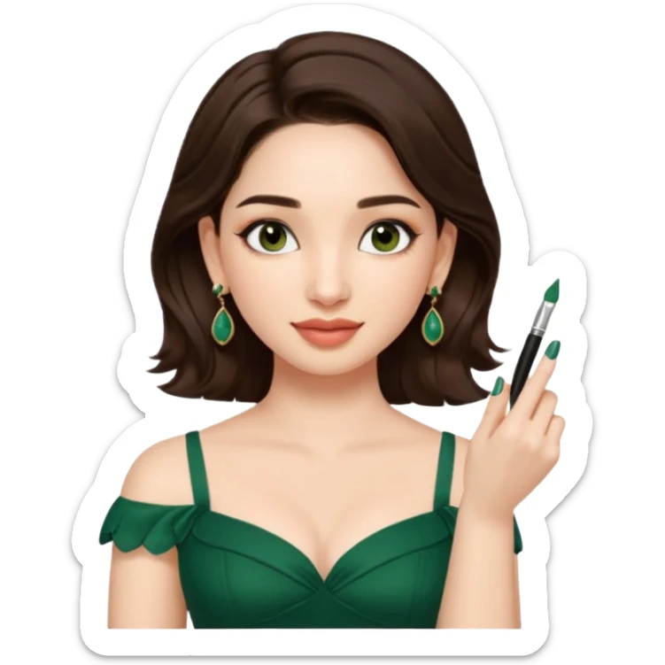 pretty bratz genmoji that looks like tamannah bhatia (bollywood actress), wearing a dark green sweetheart neckline top, dark brown hair, light makeup, no necklace, dangly earrings, side hair part, fair. dark brown eyes


Show her applying something on her face with a finger sticker