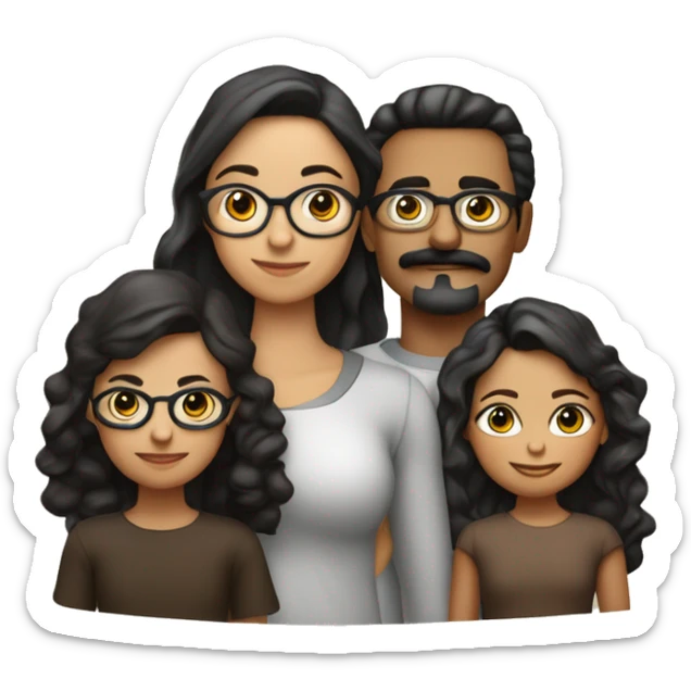 Familia de 4. Padre con lentes, bigote y cabello negro, moreno claro. Madre con Cabello negro largo y tez clara. Dos hijas, una con pelo rizado largo, otra con pelo largo lacio. Todos con ojos cafés sticker