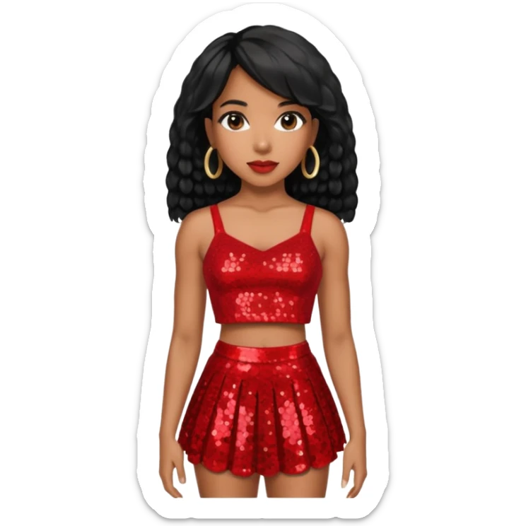 Kelly Rowland with black hair, red sequin crop top and skirt sticker