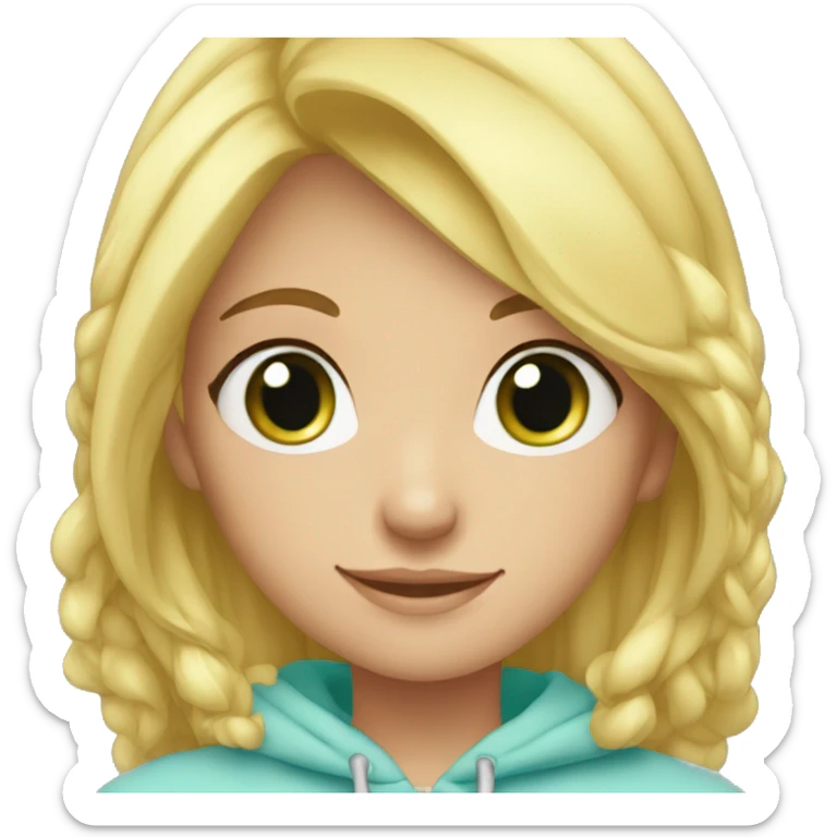 Girl Blonde hair at shoulders, green eyes, sonrisa, light blue hoddie sticker