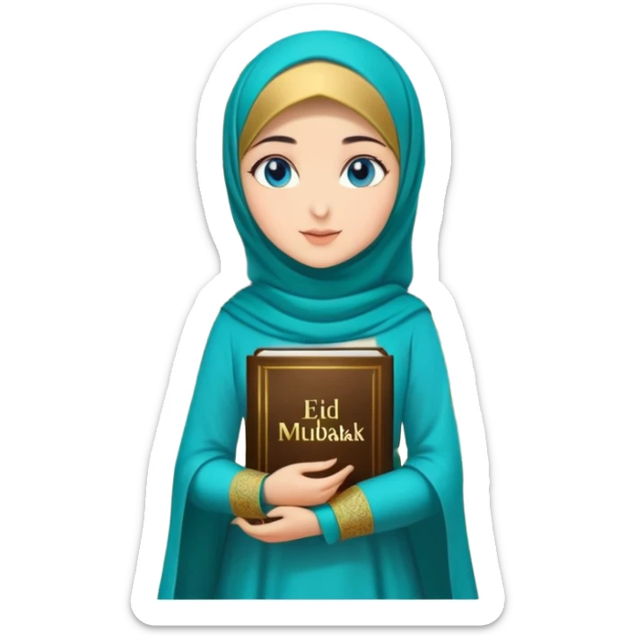Turkish beautiful finish Konya girl blue eyes with gold hijab and islamic long tailed turquoise dress on the ground at her home garden and had on her hand text Eid Mubarak  sticker