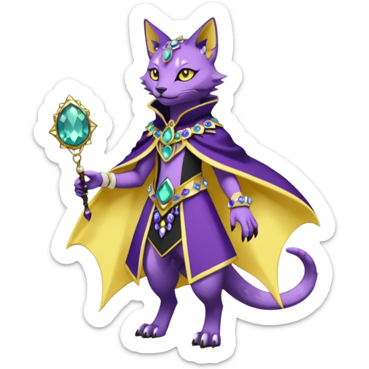 Kawaii cute Violet Yellow Black beautiful pretty elegant divine edgy feline-vernid-sergal-Fakémon-Pokémon-Digimon-fursona-animal-creature, full body, with intricate detailed markings, Embroidered capelet, Gem-studded horn ring sticker