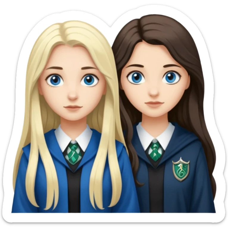 a pretty ravenclaw girl with long dark brown hair and blue eyes standing with a pretty Slytherin girl with long blonde hair, blue eyes sticker
