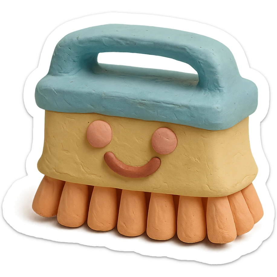playful cleaning brush with a smiling face in claymation style, pastel colors sticker