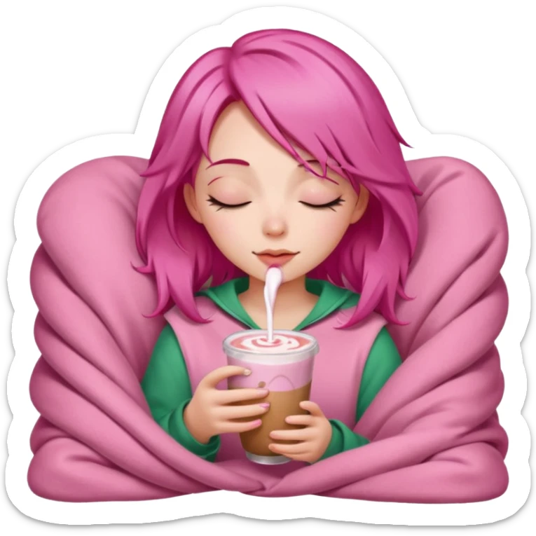 girl with pink hair inside a pink blanket sipping strawberry latte eyes closed emoji to use or share on Discord and Slack. sticker