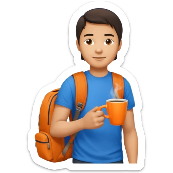an asian man in blue t-shirt with orange cup of coffee and backpack on the back. Eiffel tower on the background. shoulder length  sticker