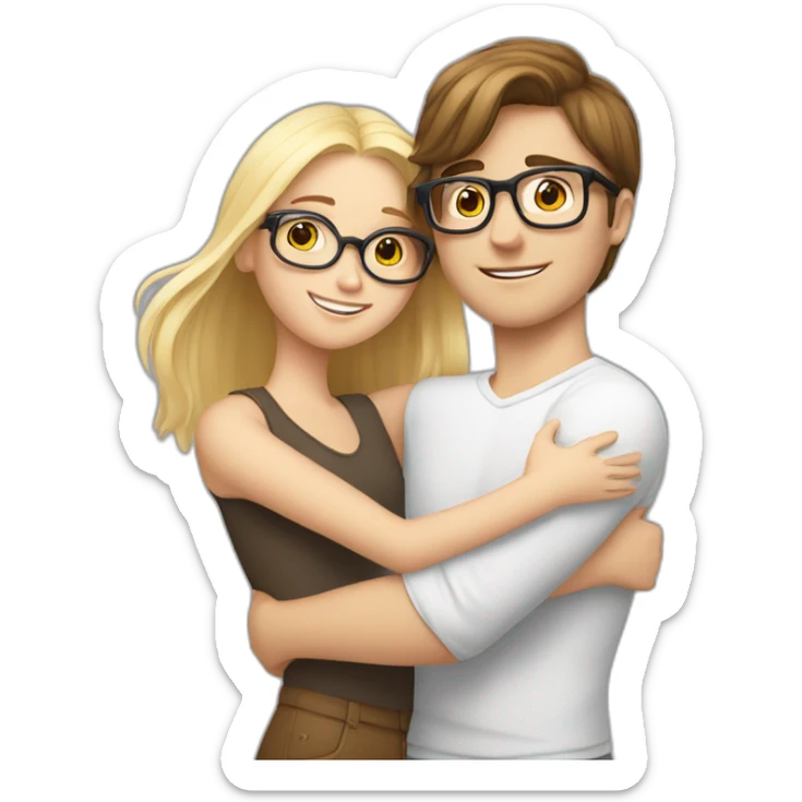 white boy with brown hair and glasses hugs a blonde girl sticker